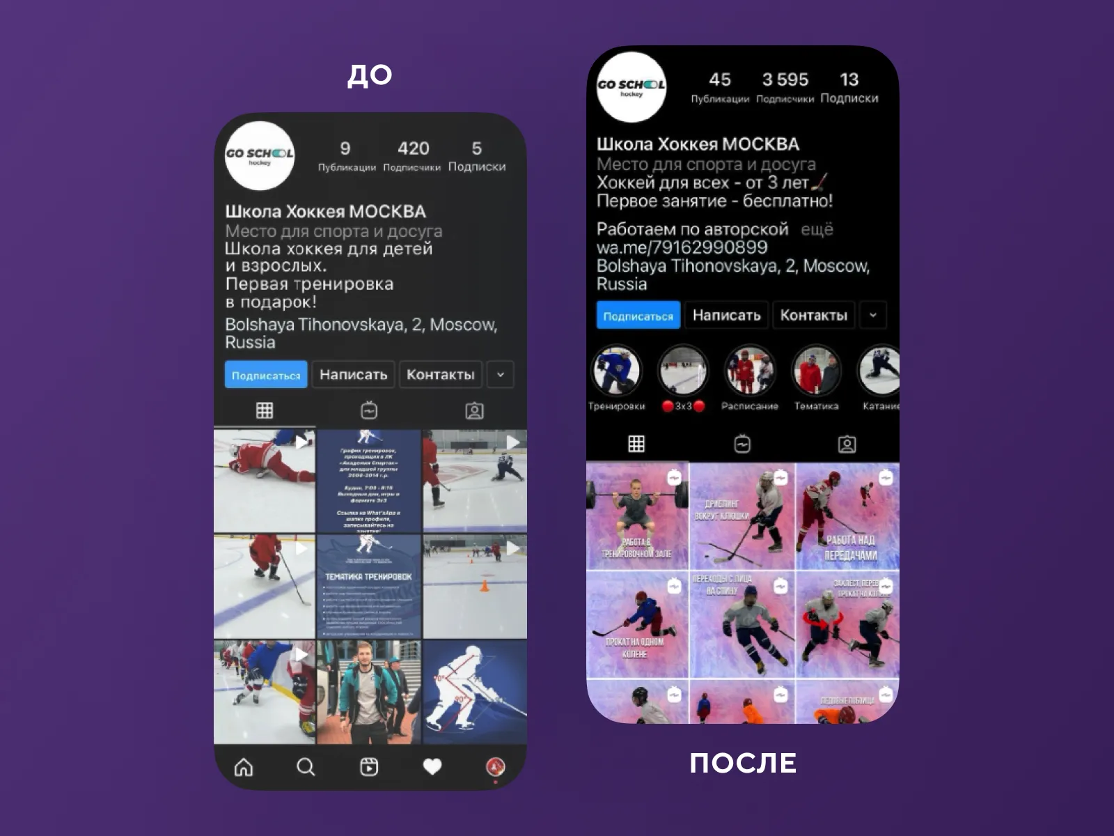 Изображение 'До и После' SMM-продвижения школы хоккея - Трансформация социальных сетей