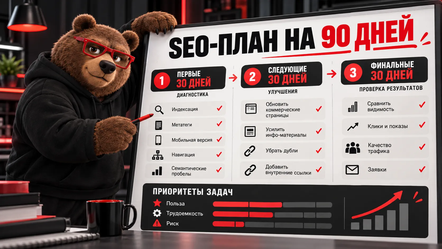Анализ конкурентов в SEO — пошаговый SEO-план на 90 дней с диагностикой, доработкой контента, устранением дублей и проверкой результатов
