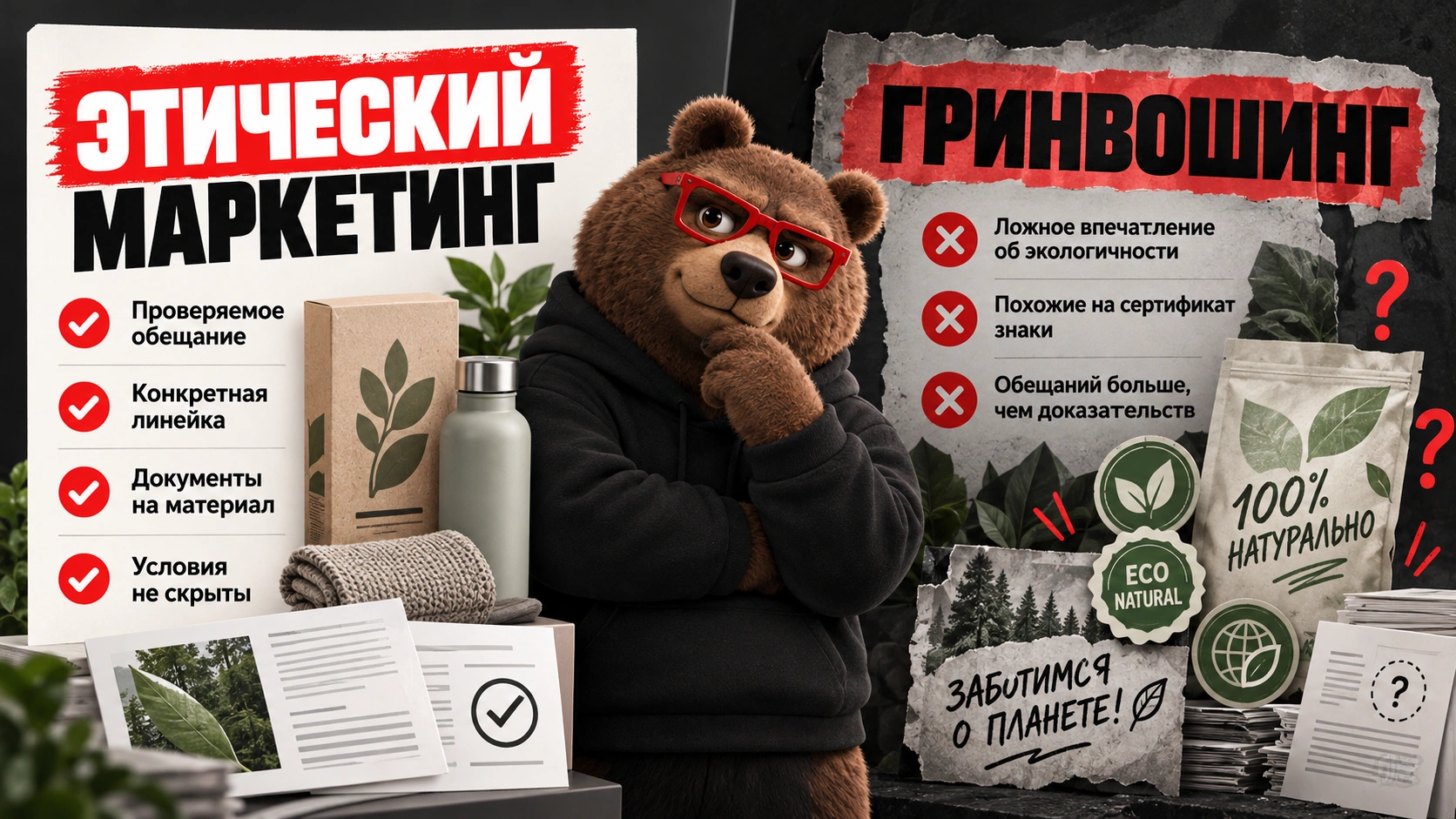 Этический маркетинг без гринвошинга: как сохранить доверие клиентов через прозрачные заявления и проверяемые преимущества Этический маркетинг и гринвошинг: визуальное сравнение честных экологических заявлений и вводящих в заблуждение рекламных обещаний