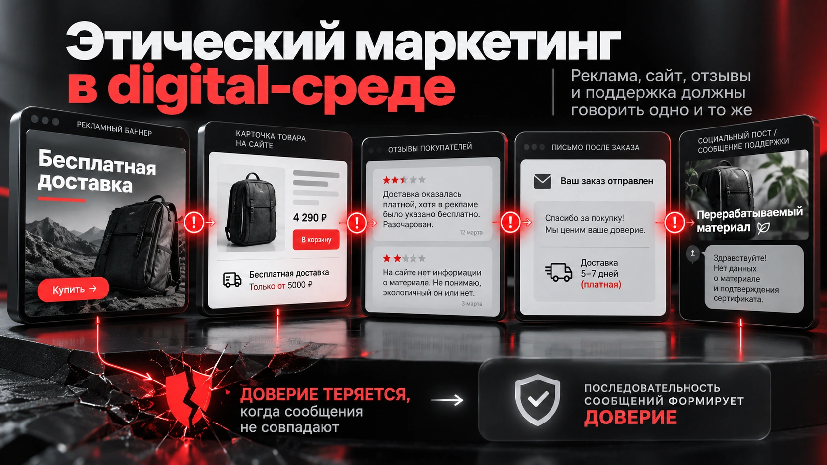 Как сохранить доверие клиентов в digital-маркетинге и избежать гринвошинга, противоречивых обещаний и непрозрачных условий Этический маркетинг и гринвошинг — несоответствие рекламы, условий доставки, отзывов и экологических заявлений снижает доверие клиентов