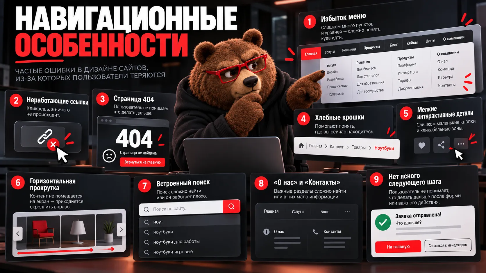  35 ошибок в дизайне сайта — перегруженное меню, неработающие ссылки, страница 404, мелкие кнопки и другие проблемы навигации
