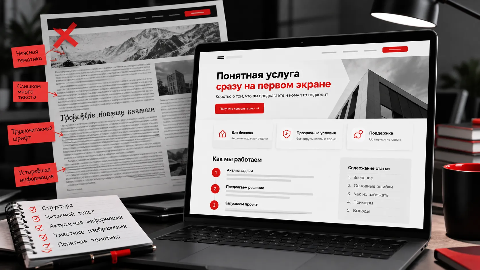  35 ошибок в дизайне сайта, из-за которых бизнес теряет клиентов — плохая читаемость, перегруженный текст, устаревший контент и слабая структура
