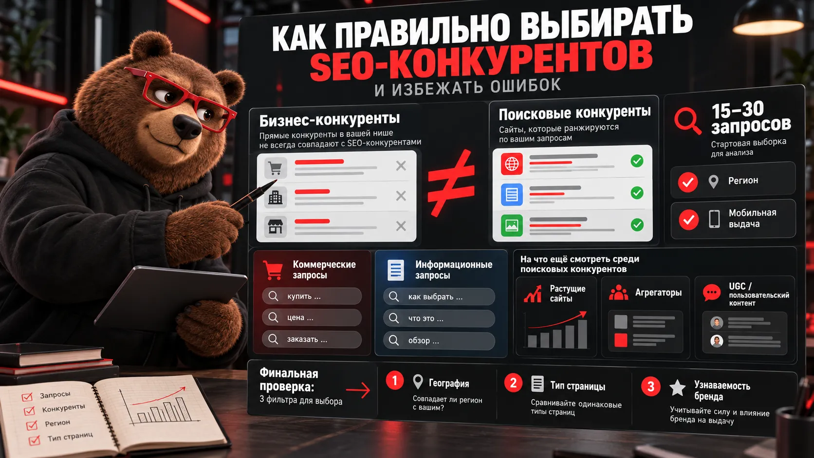 Анализ конкурентов в SEO — выбор поисковых конкурентов, проверка запросов, региона, типа страниц и слабых мест лидеров выдачи
