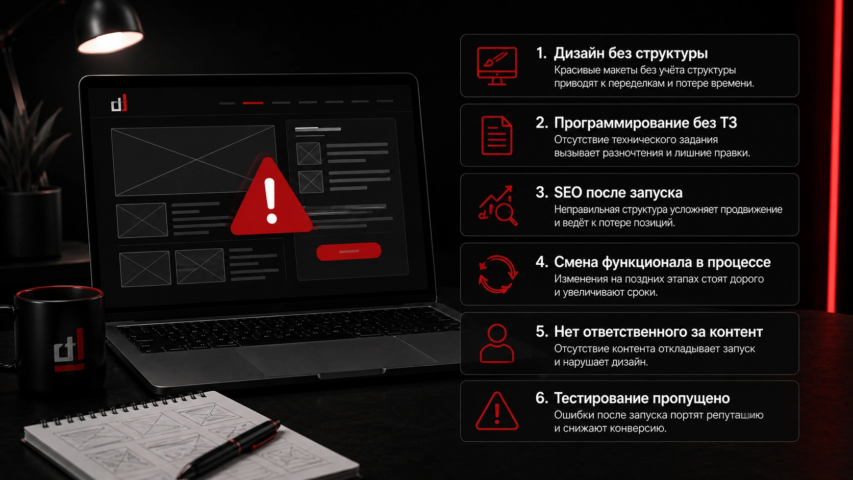 Какие ошибки увеличивают сроки и стоимость разработки сайта до запуска Ошибки на этапах разработки сайта - дизайн без структуры, работа без ТЗ, позднее SEO и пропущенное тестирование