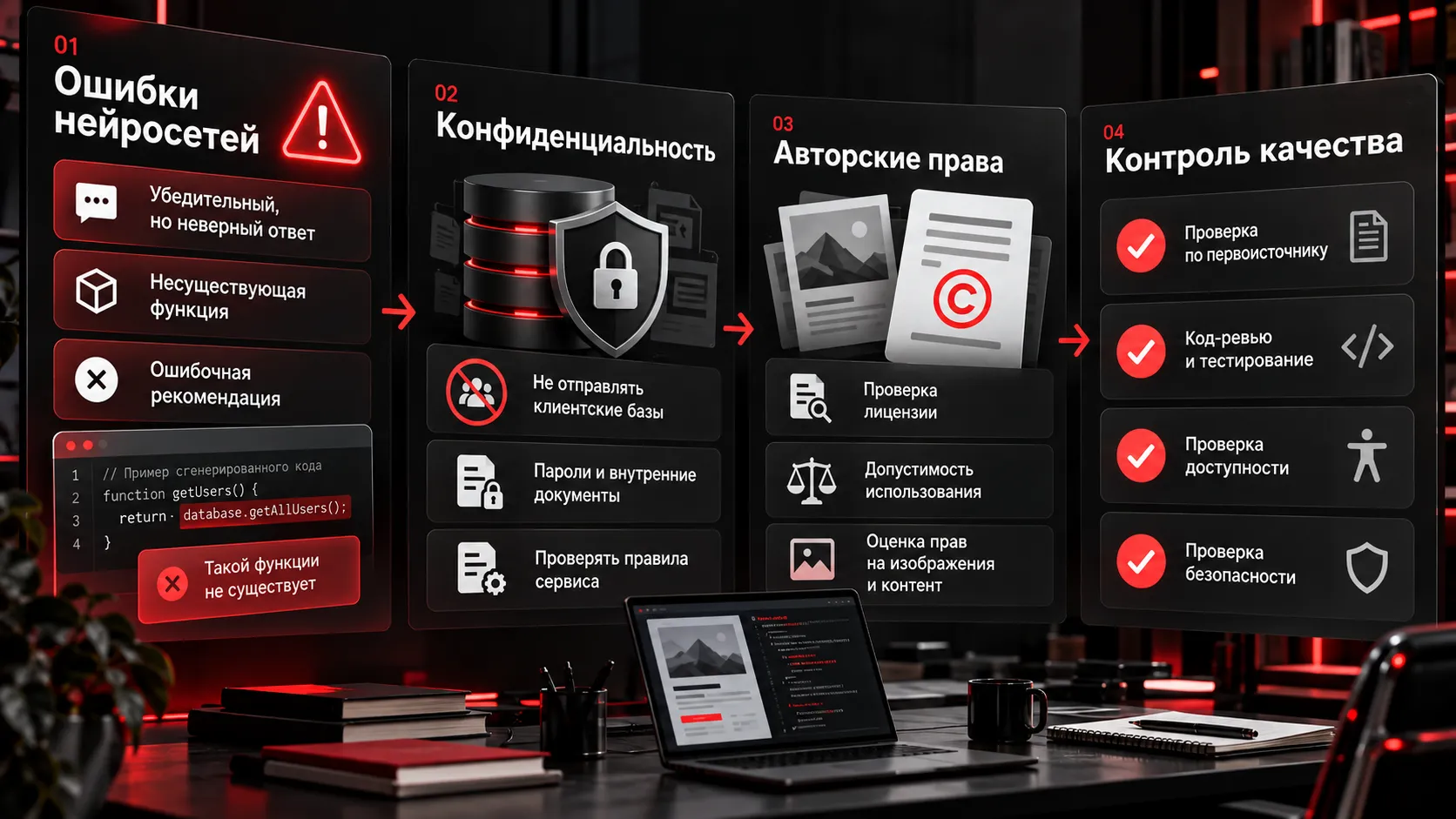 Искусственный интеллект в разработке и дизайне сайтов — ошибки нейросетей, защита данных, авторские права и проверка AI-контента
