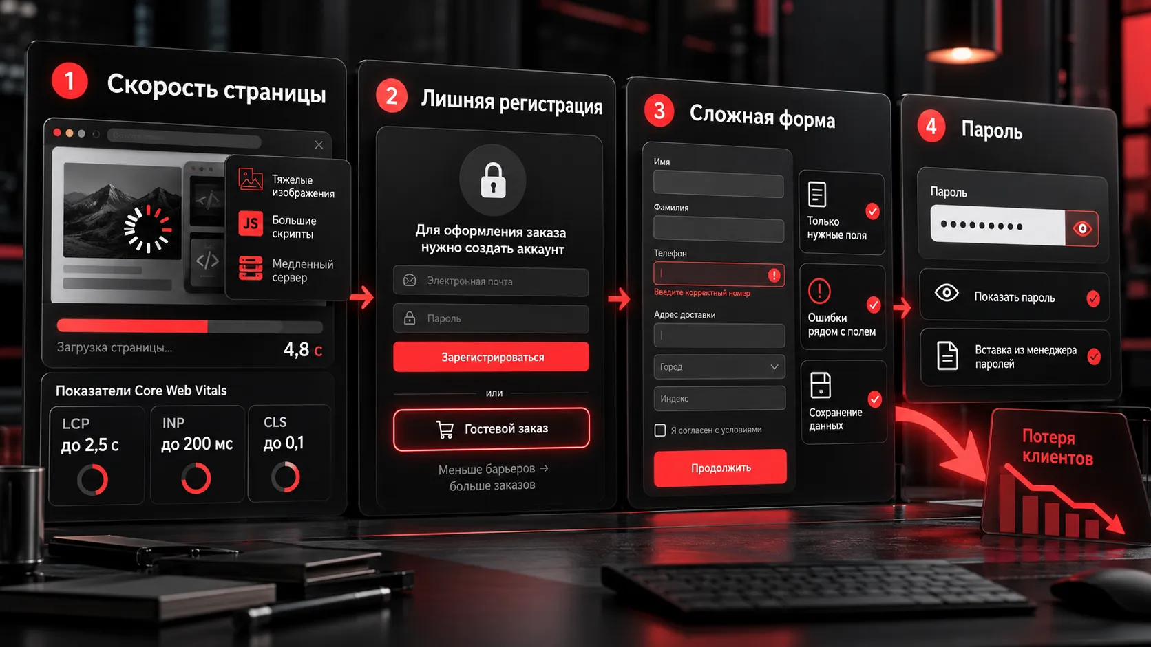 35 ошибок в дизайне сайта, из-за которых бизнес теряет клиентов — медленная загрузка, лишняя регистрация, сложные формы и неудобный пароль
