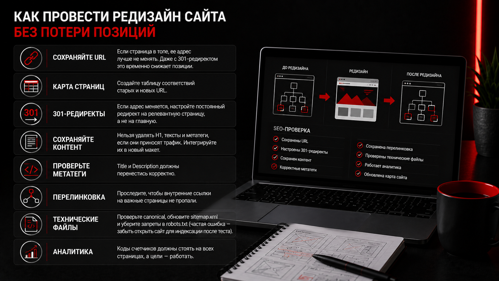SEO при редизайне сайта — как сохранить трафик, метатеги и индексацию Как провести редизайн сайта без потери SEO-позиций - URL, 301-редиректы, контент и перелинковка