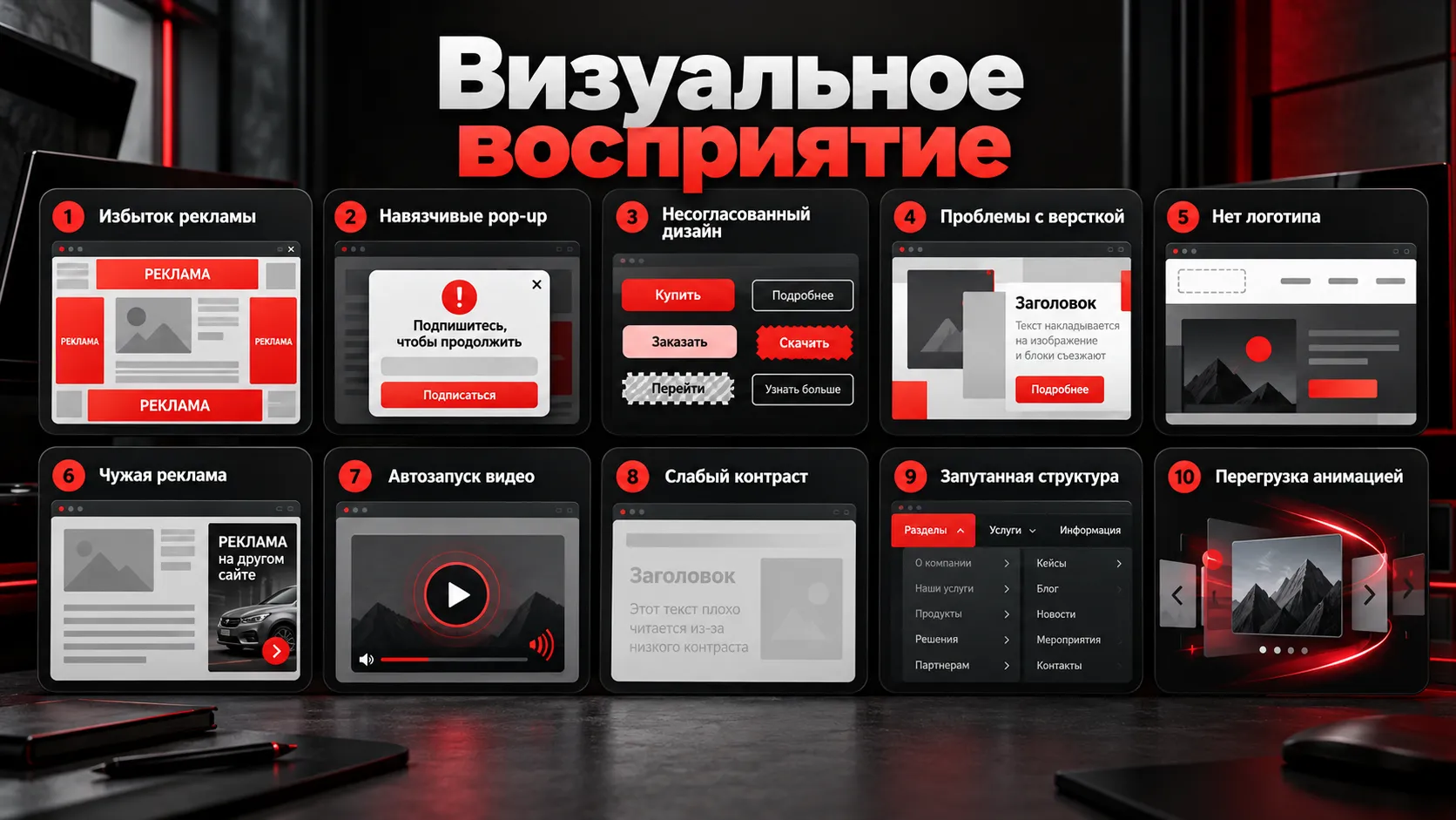 35 ошибок в дизайне сайта, из-за которых бизнес теряет клиентов — реклама, pop-up, слабый контраст, перегруженная анимация и запутанная структура
