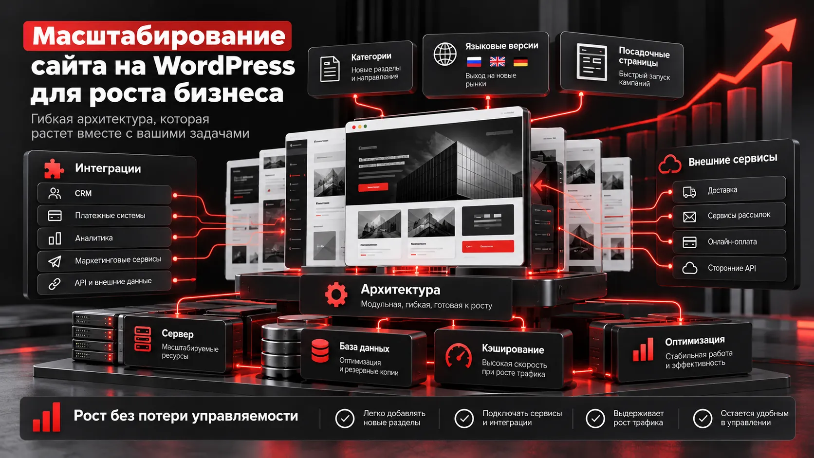 Как масштабировать сайт на WordPress без переделки через год — архитектура, база данных, интеграции и запас для развития бизнеса WordPress для бизнеса — масштабирование сайта, категории, языковые версии, интеграции, кэширование и оптимизация архитектуры для роста проекта