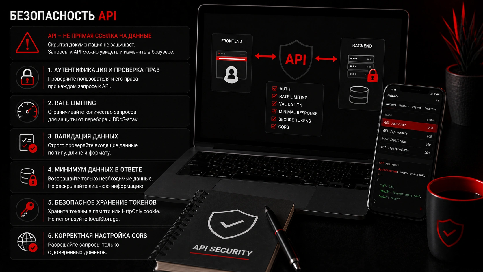 Защита API при веб-разработке - контроль доступа, безопасные токены и проверка запросов Безопасность API веб-приложения - аутентификация, rate limiting, валидация данных, токены и CORS