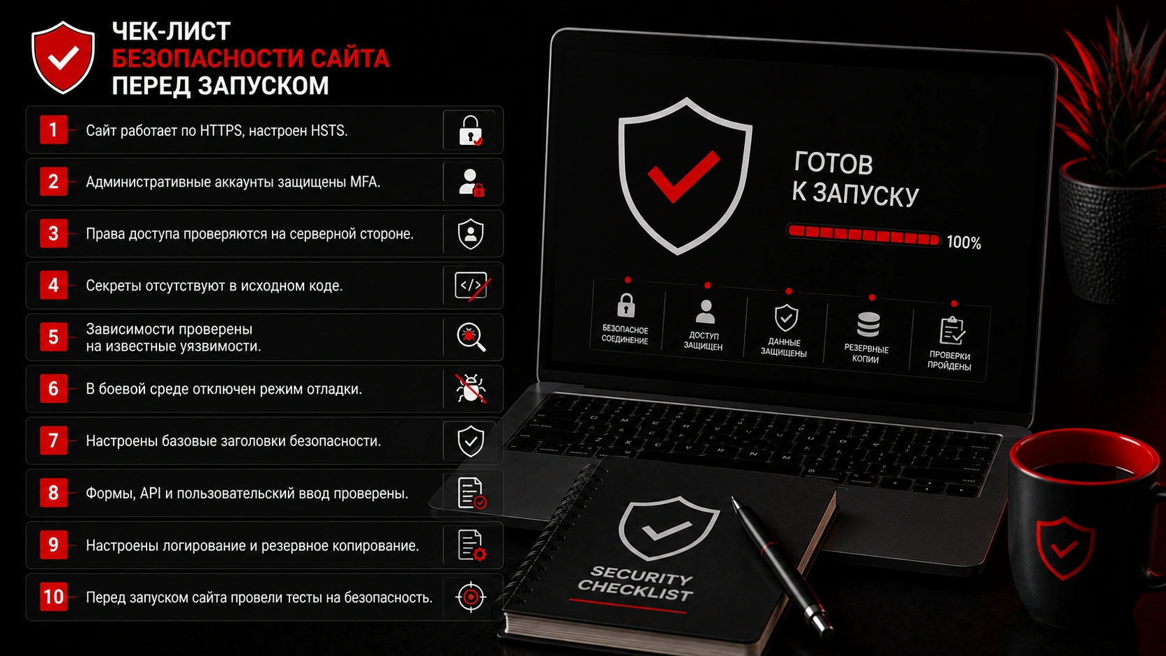 Безопасность веб-разработки перед релизом - проверка сайта и веб-приложения по ключевым пунктам Чек-лист безопасности сайта перед запуском - HTTPS, MFA, защита API, резервные копии и тестирование