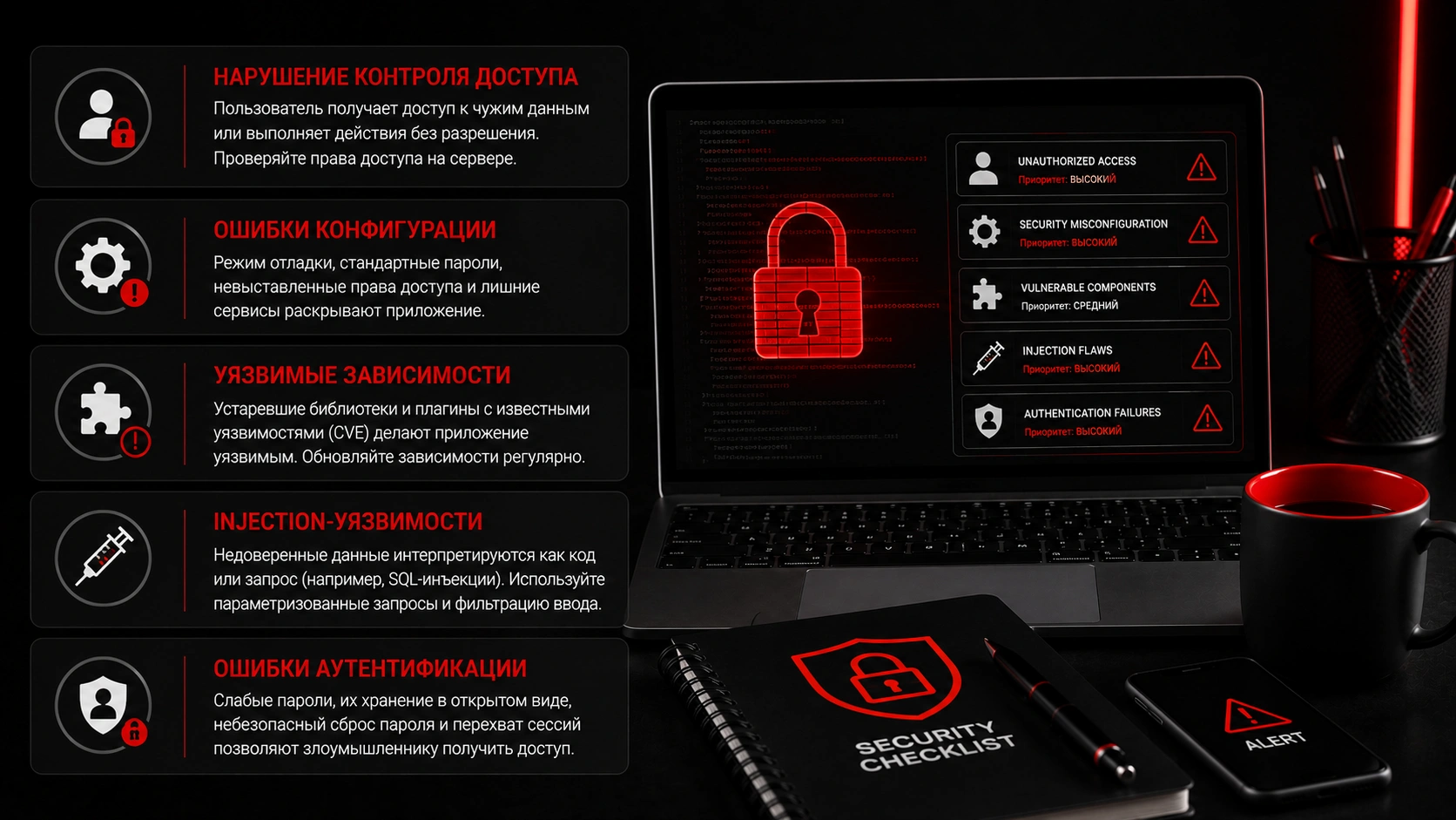 Безопасность веб-разработки - как защитить сайт от уязвимостей, ошибок конфигурации и атак Основные угрозы безопасности веб-приложений - контроль доступа, SQL-инъекции, уязвимые зависимости и аутентификация