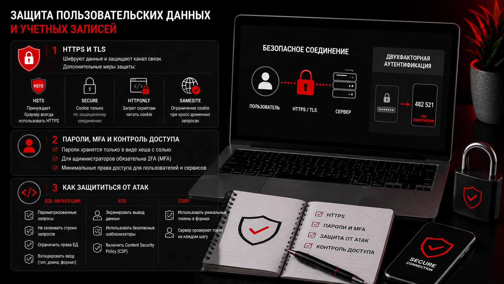 Безопасность веб-разработки — защита сайта с помощью HTTPS, MFA и безопасной обработки данных Защита пользовательских данных и учетных записей - HTTPS, MFA, контроль доступа, SQL-инъекции и XSS