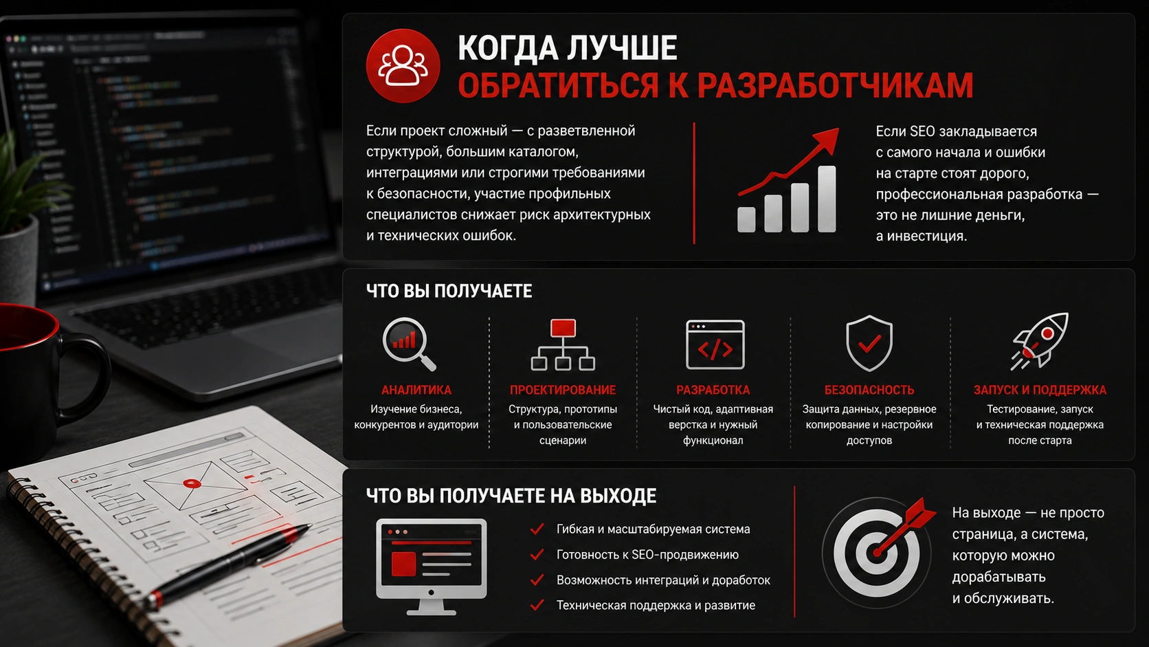 Как создать сайт с помощью разработчиков и получить масштабируемый проект с поддержкой и SEO Когда стоит обратиться к разработчикам для создания сайта - сложная структура, интеграции, безопасность и SEO