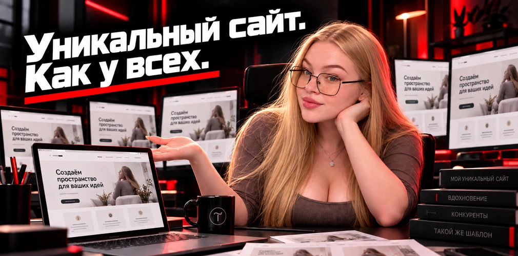 Как создать свой сайт на Тильде и не стать копией конкурентов - девушка за компьютером и повторяющиеся шаблоны сайтов