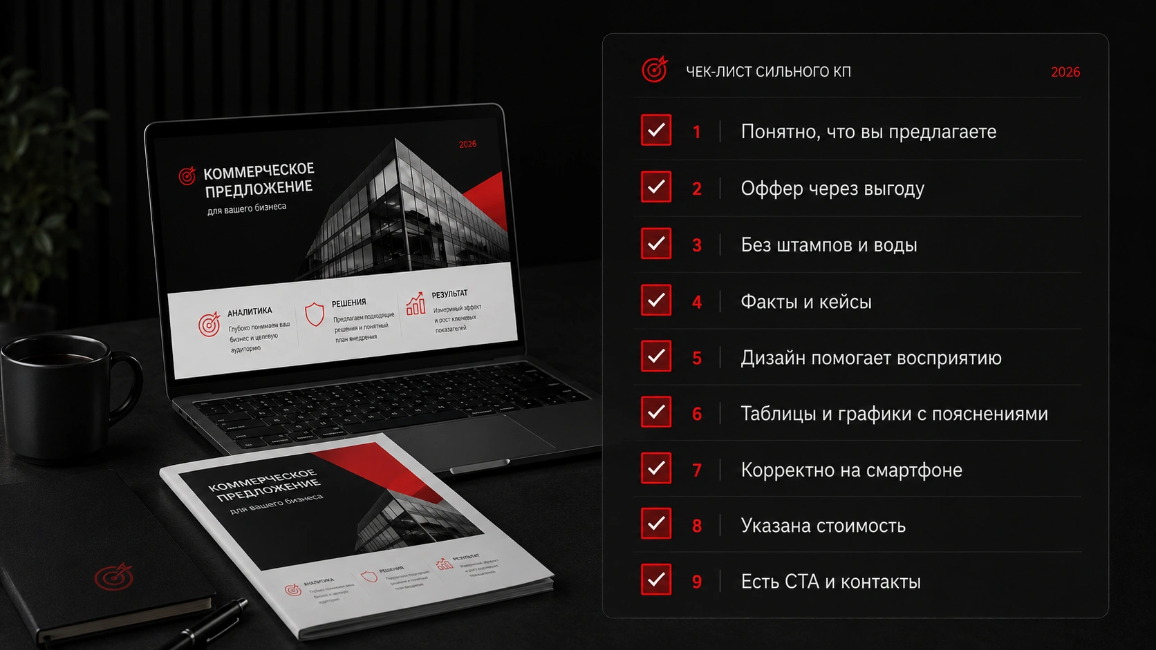 Проверка коммерческого предложения перед отправкой клиенту по ключевым критериям качества Чек-лист коммерческого предложения с оффером, фактами, дизайном, стоимостью и призывом к действию