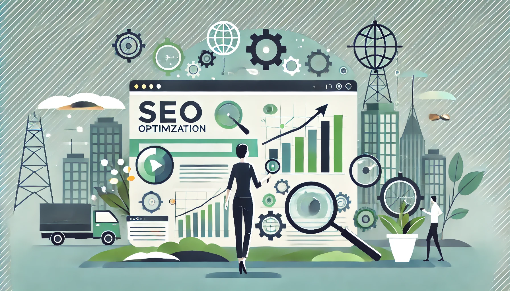 Иллюстрация SEO-оптимизации сайта с графиками и иконками