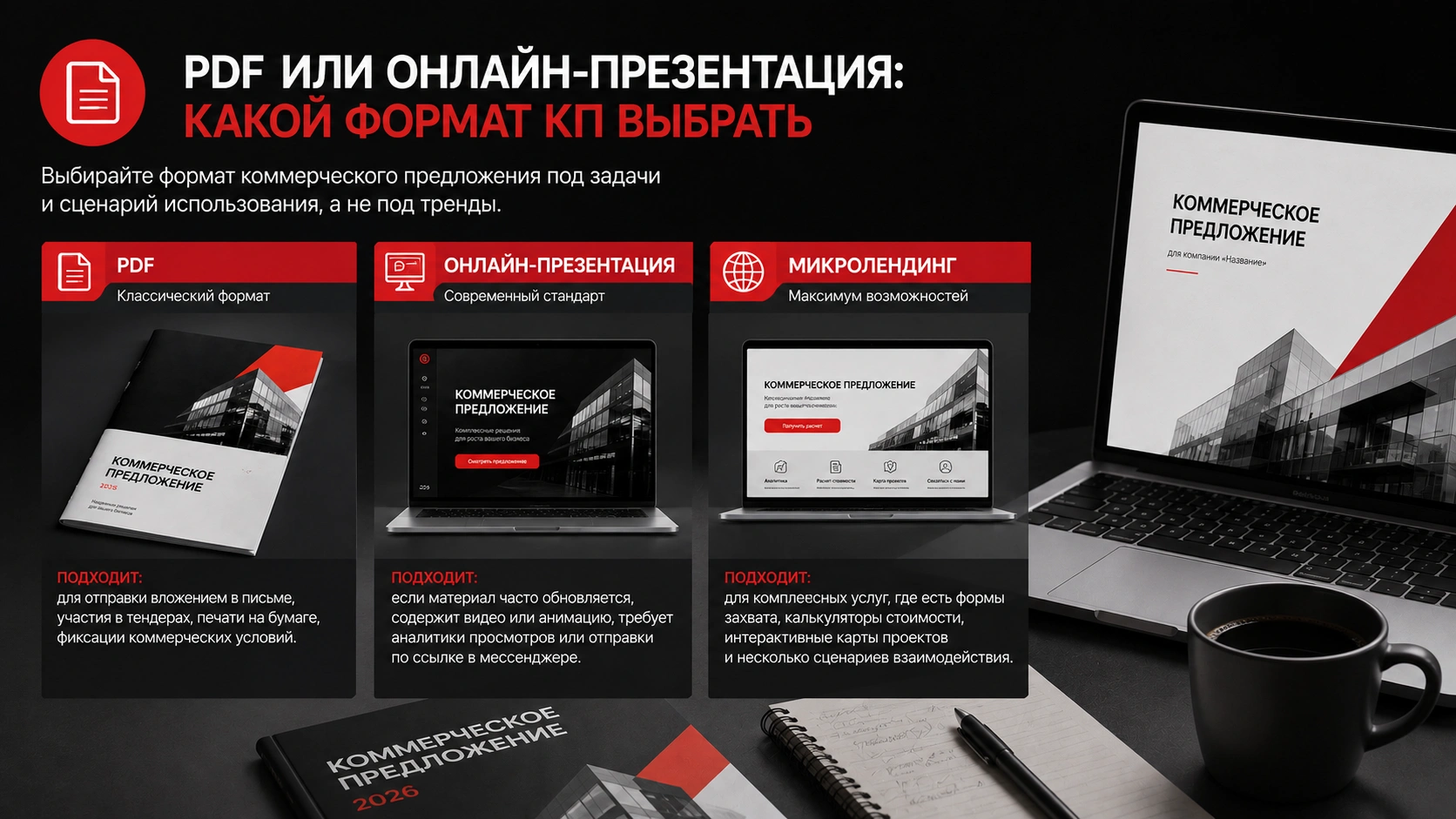 Как выбрать формат коммерческого предложения для отправки, презентации и интерактивного КП Форматы коммерческого предложения в 2026 году - PDF, онлайн-презентация и микролендинг для разных бизнес-задач