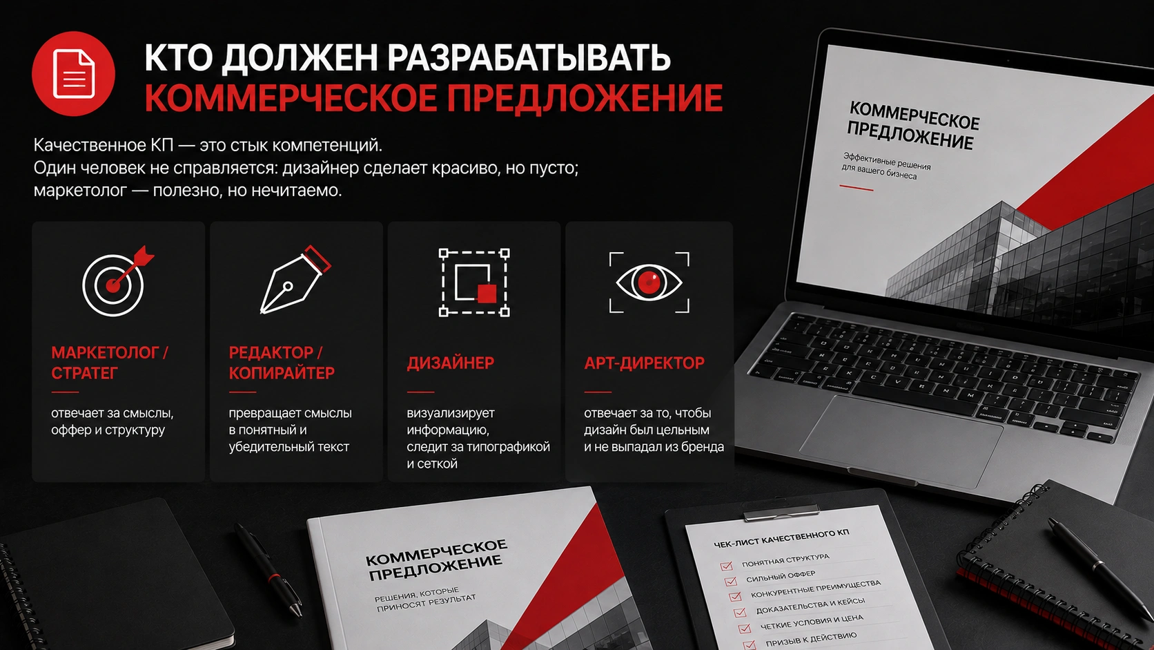 Кто участвует в создании коммерческого предложения и отвечает за структуру, текст и дизайн Команда для разработки коммерческого предложения - маркетолог, копирайтер, дизайнер и арт-директор