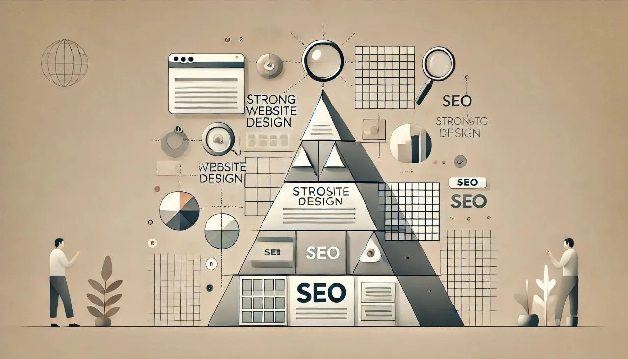 SEO продвижение сайта: как структура, тексты и дизайн влияют на позиции в поиске Пирамида SEO и веб-дизайна с ключевыми элементами продвижения сайта