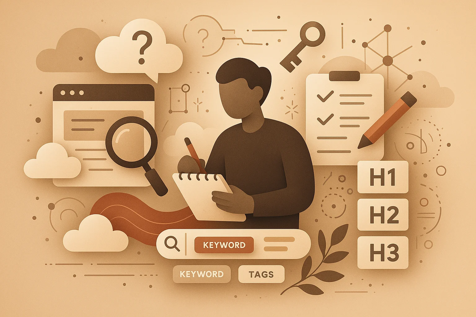 SEO-копирайтинг, как структурировать текст для продвижения сайта в 2025 году Иллюстрация SEO-копирайтера с блокнотом, облаками, ключами и подзаголовками H1-H3