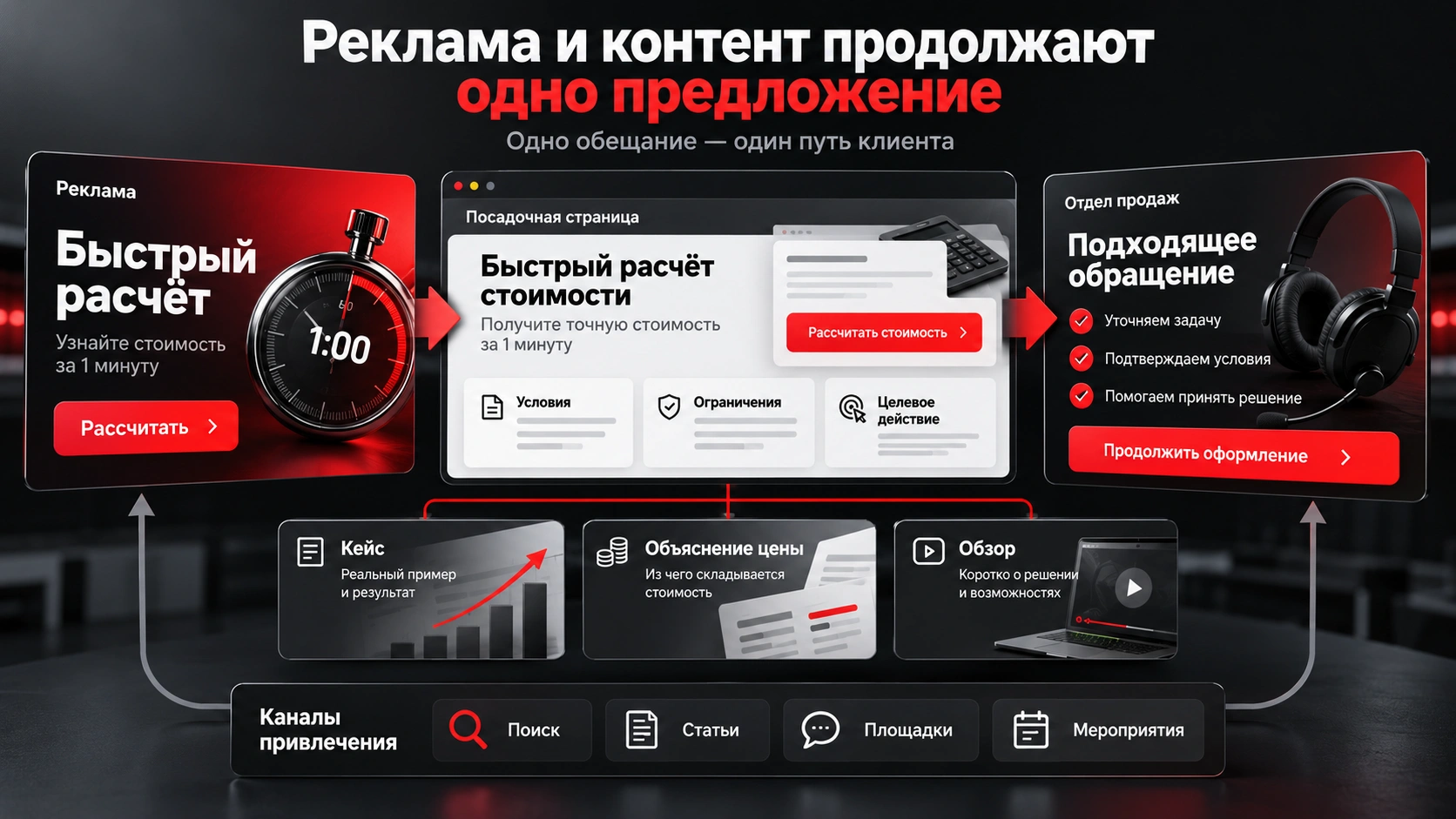 Комплексный маркетинг для брендов - единое рекламное сообщение, посадочная страница, полезный контент и работа отдела продаж по одному сценарию
