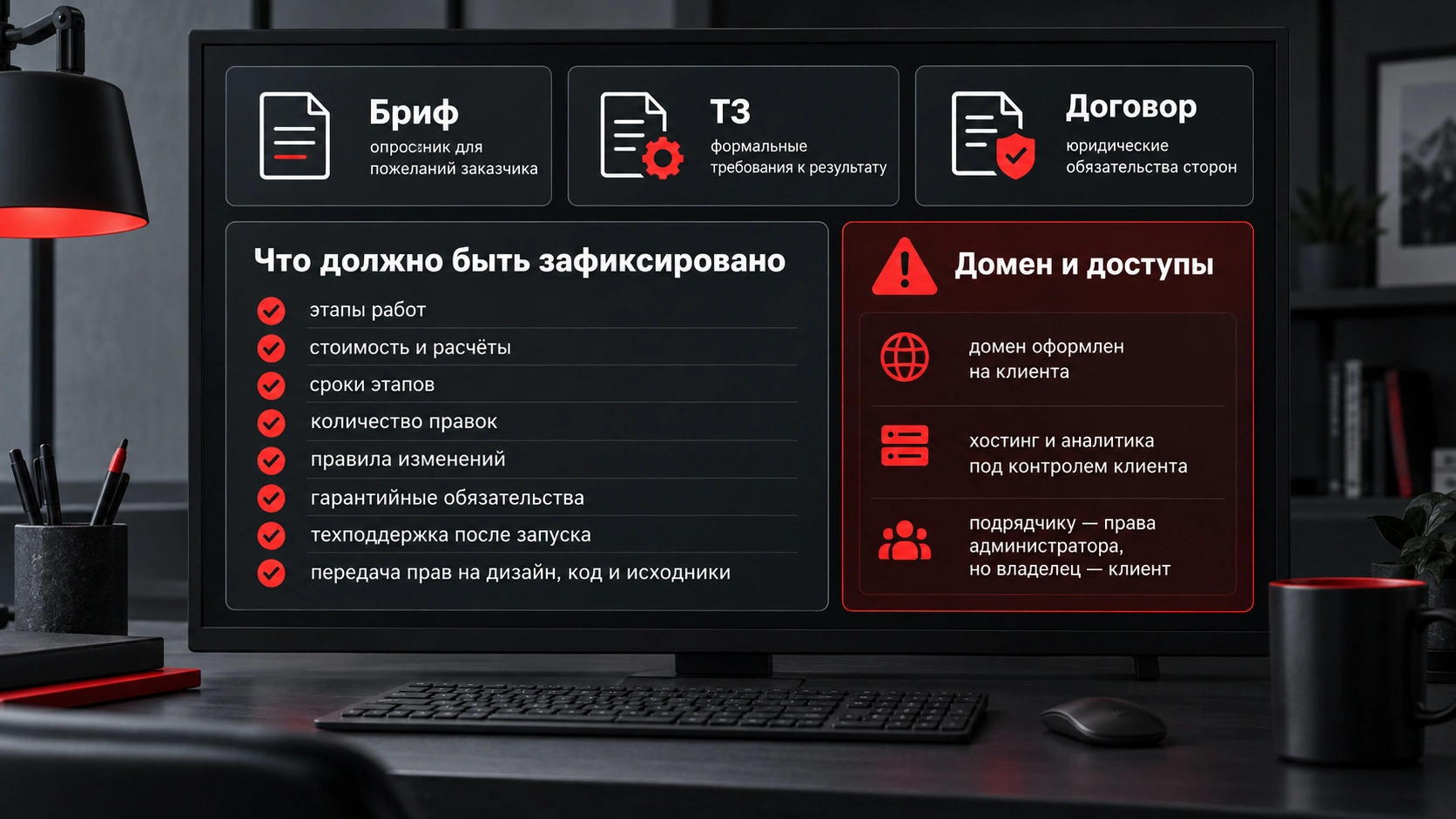 Что проверить перед заказом сайта - ТЗ, договор, права на домен и условия передачи проекта Что должно быть зафиксировано в ТЗ и договоре перед заказом сайта - этапы работ, сроки, стоимость, правки и доступы