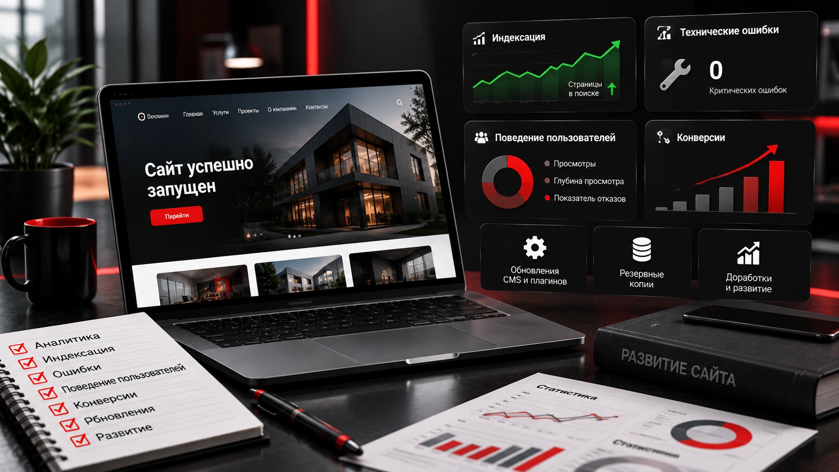 Что контролировать после запуска сайта - аналитика, обновления, резервные копии и доработки проекта Что происходит после запуска сайта - индексация, технические ошибки, поведение пользователей, конверсии и дальнейшее развитие