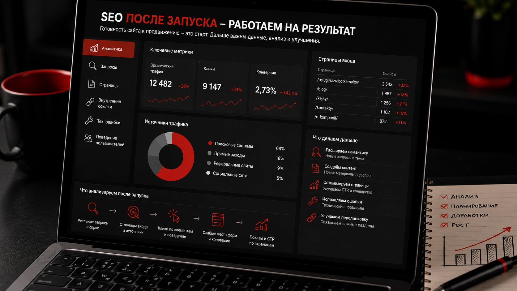 Создание сайта под SEO-продвижение - что делать после запуска для роста трафика и позиций SEO после запуска сайта - анализ трафика, поисковых запросов, страниц входа и дальнейшая оптимизация