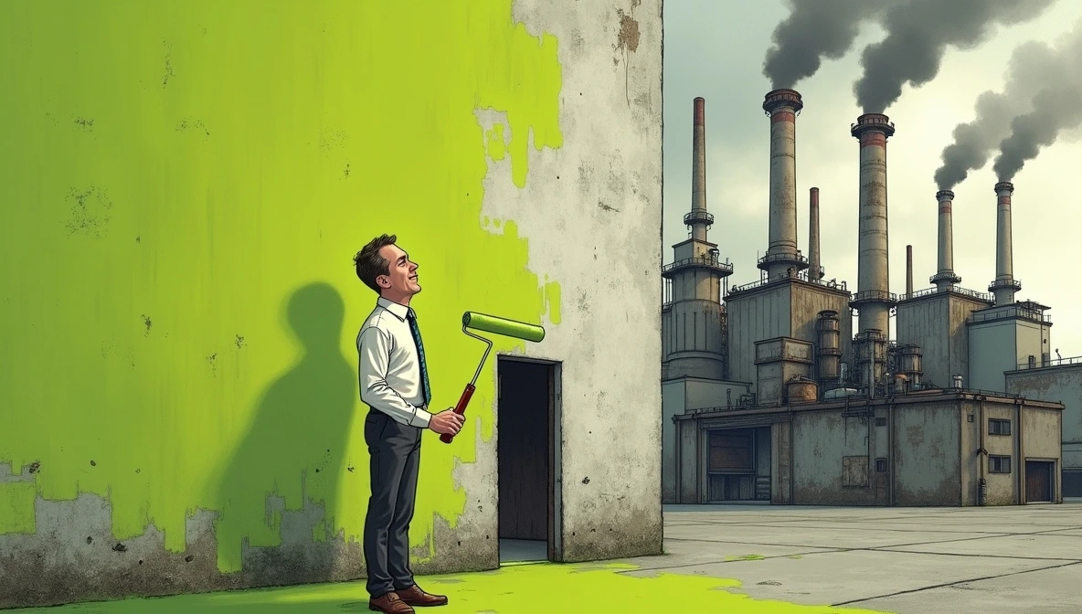 Гринвошинг в маркетинге: как бренду честно говорить о своей устойчивости Бизнесмен красит завод в зелёный цвет, пытаясь скрыть экологический вред