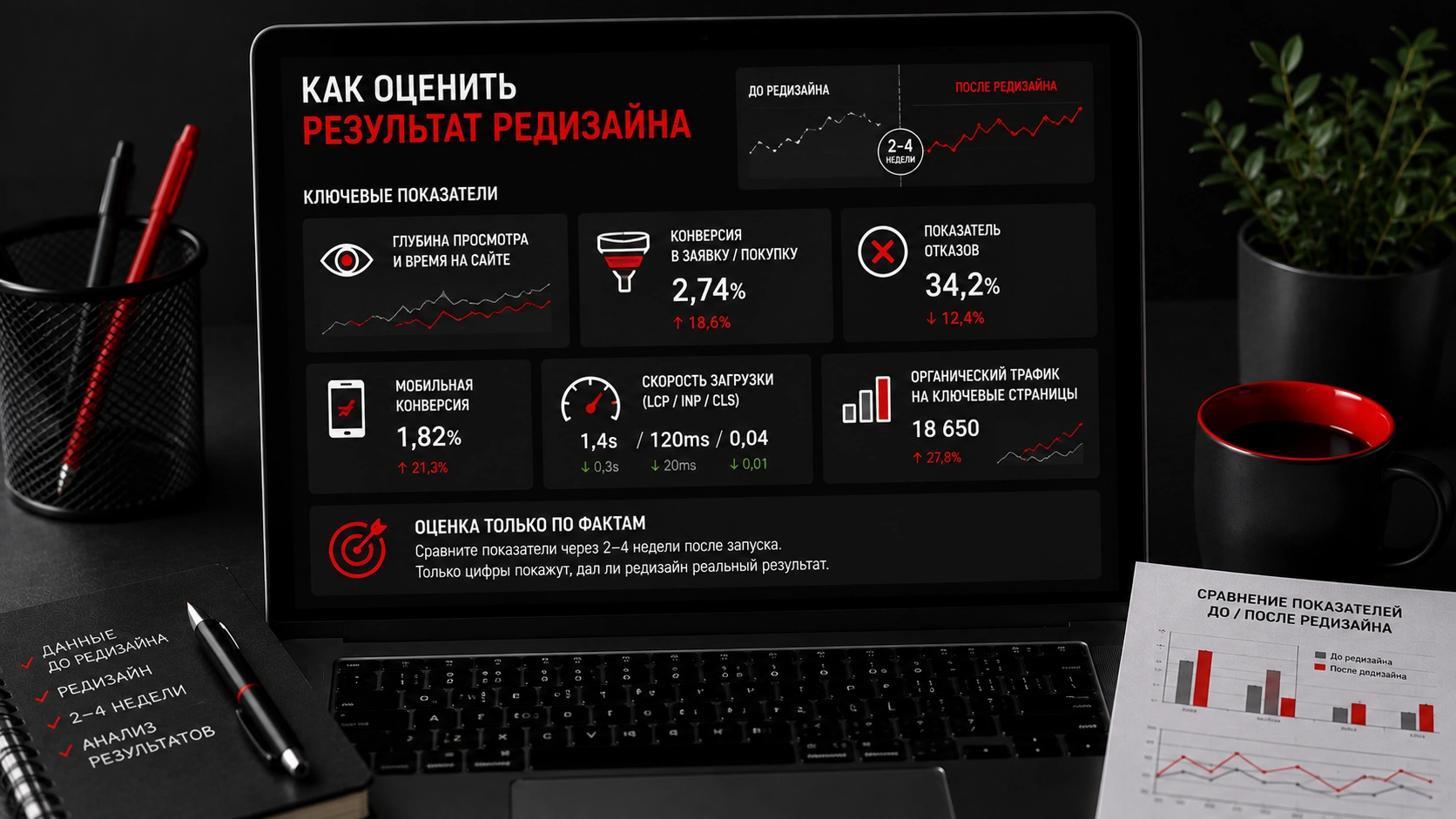 Как проверить эффективность редизайна сайта по ключевым показателям через 2-4 недели Оценка результатов редизайна сайта по конверсии, отказам, скорости загрузки и органическому трафику