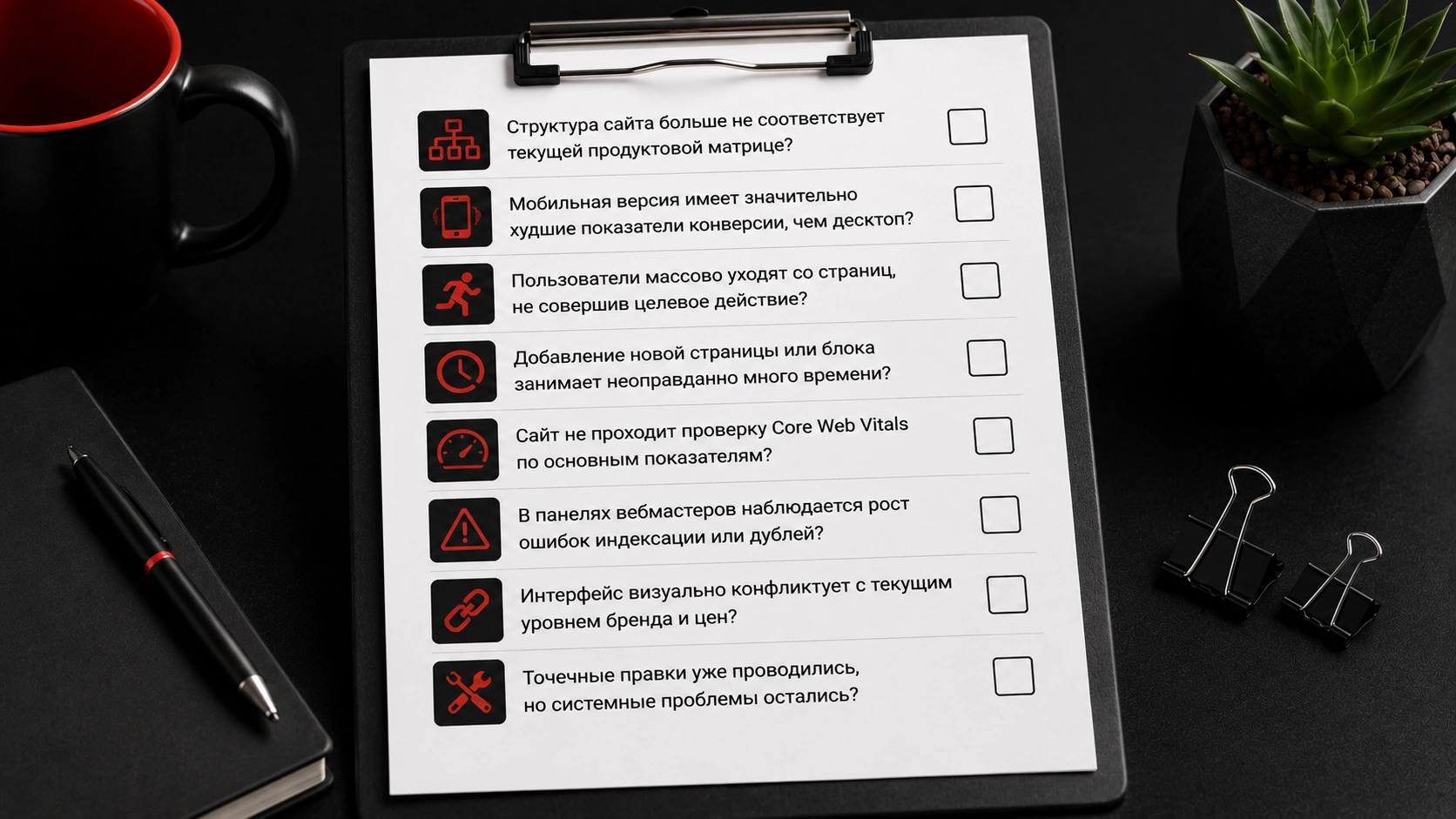 Как понять, что сайту нужен редизайн - проверка UX, SEO, конверсии и технического состояния Чек-лист признаков редизайна сайта - структура, мобильная версия, Core Web Vitals, индексация и системные проблемы