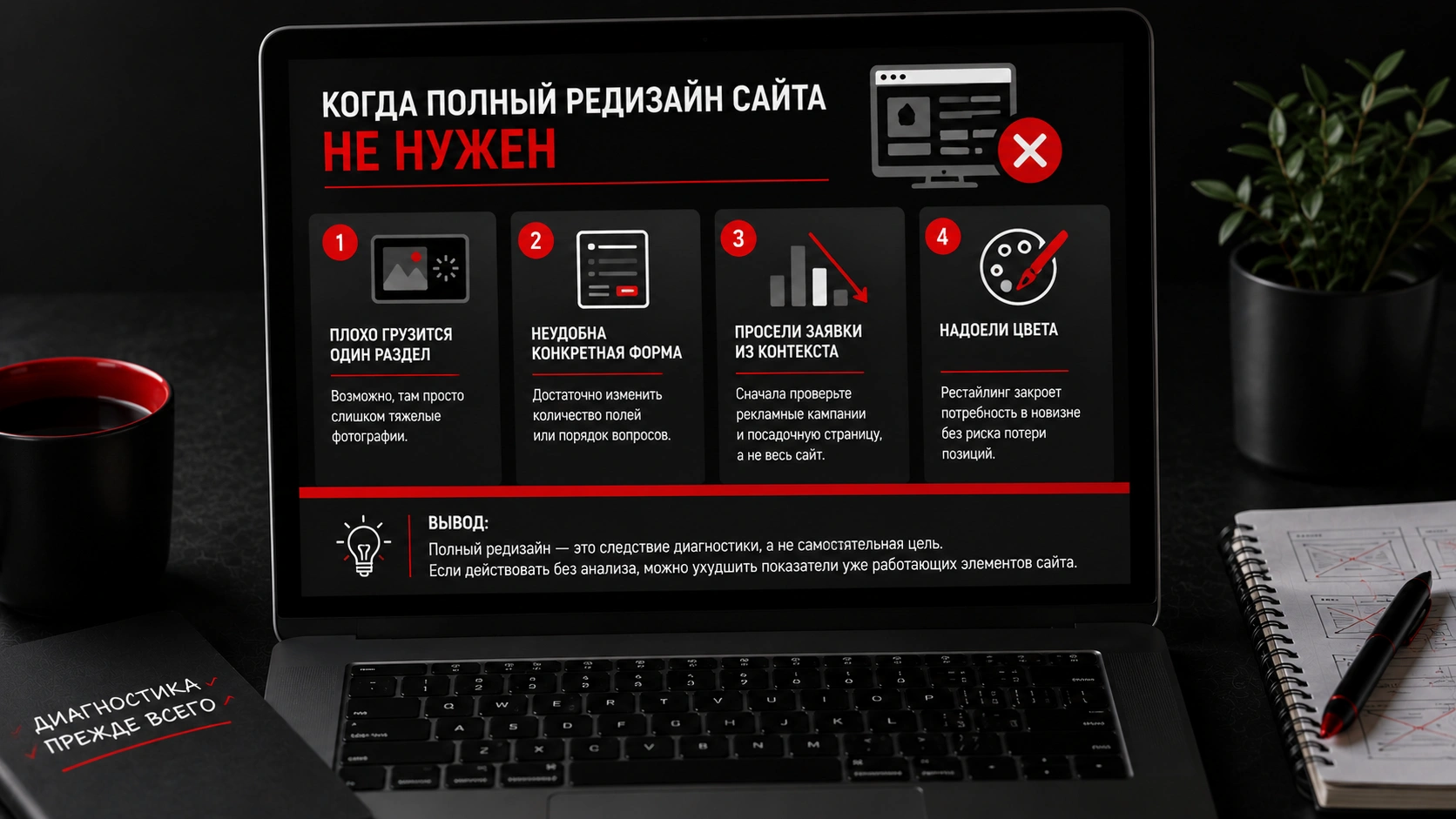 Как понять, нужен ли полный редизайн сайта или достаточно точечных улучшений и рестайлинга Когда полный редизайн сайта не нужен - локальные доработки, оптимизация форм, рекламы и визуального оформления