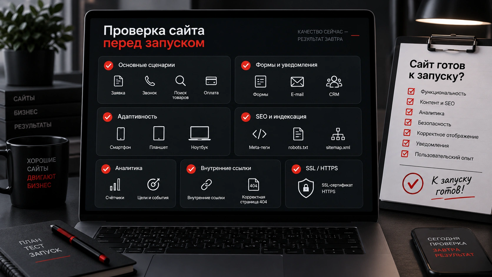 Как принять готовый сайт перед запуском и проверить ключевые требования по чек-листу Проверка сайта перед запуском - формы, адаптивность, SEO, аналитика, внутренние ссылки и SSL