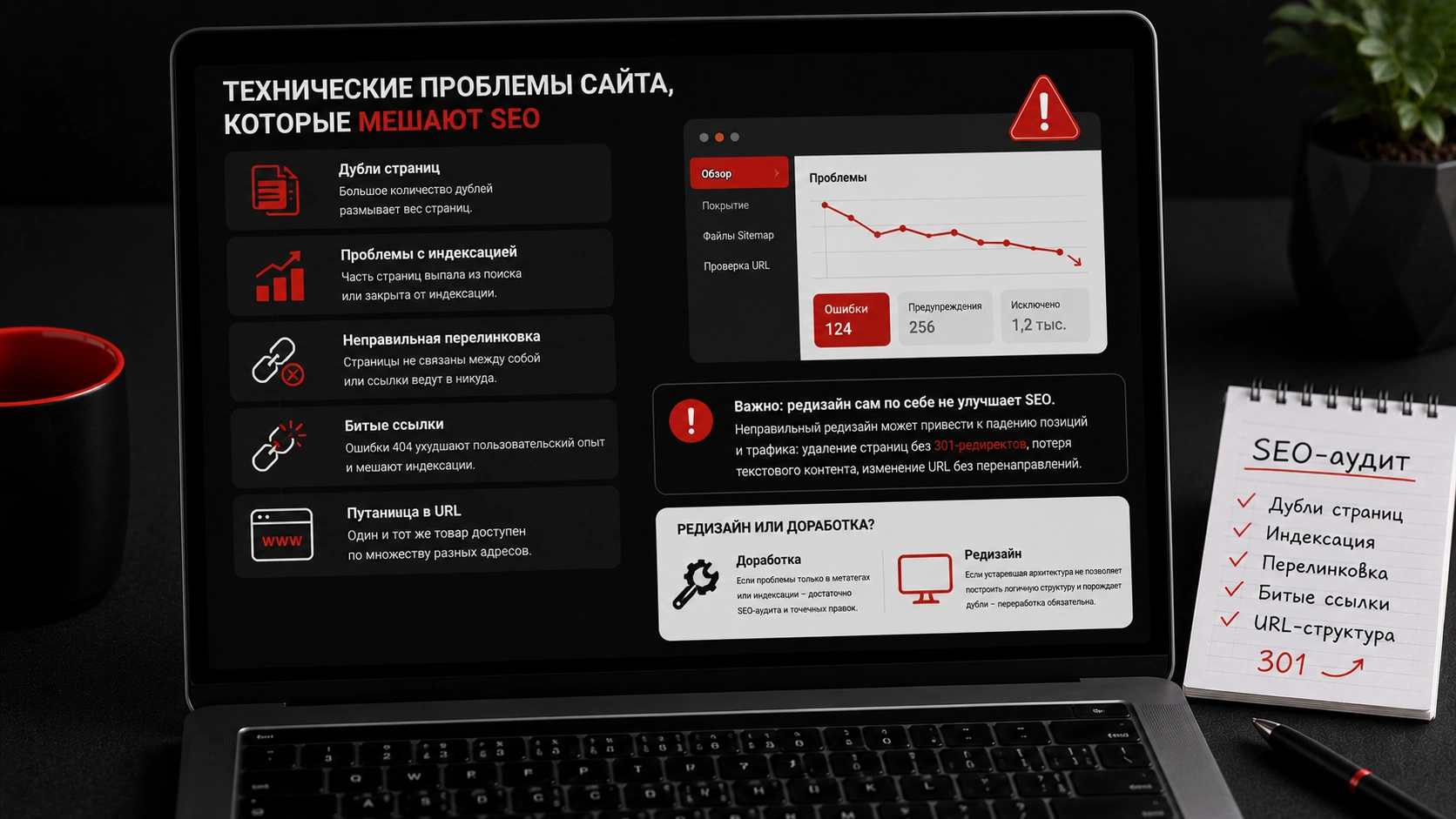 Когда редизайн сайта нужен для SEO - проблемы структуры, перелинковки и поисковой видимости Технические проблемы сайта, мешающие SEO - дубли страниц, ошибки индексации, битые ссылки и неправильные URL
