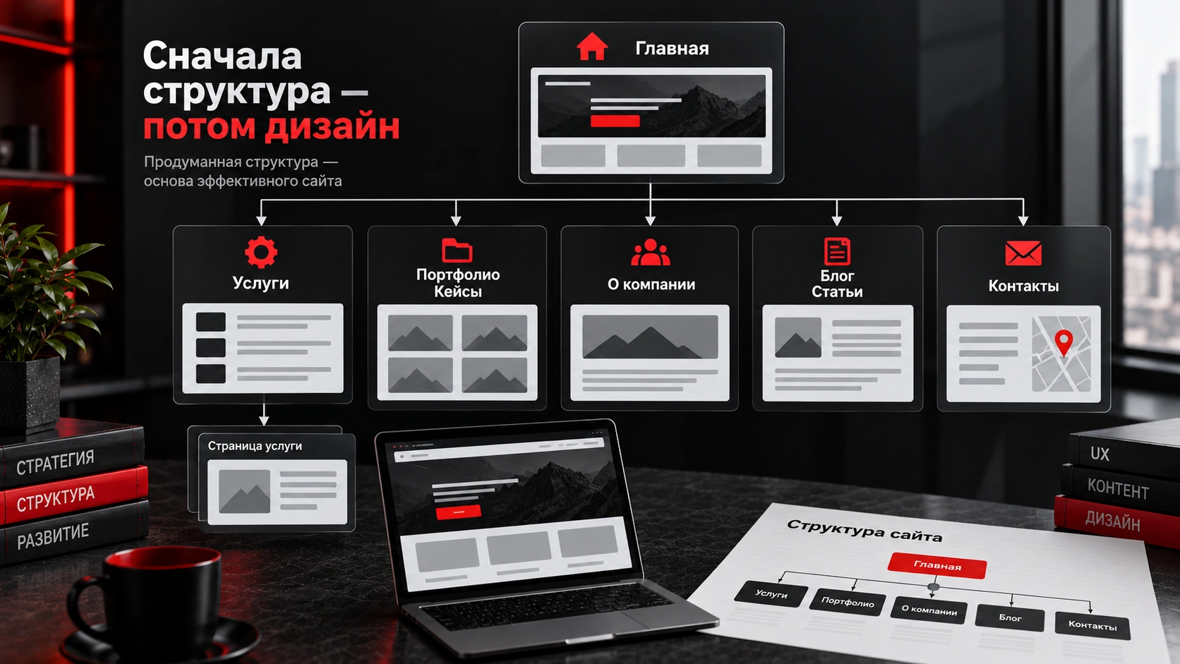 Как продумать структуру сайта до дизайна и разработки, чтобы избежать переделок Структура сайта перед дизайном - главная, услуги, кейсы, блог и контакты в подготовке к заказу сайта