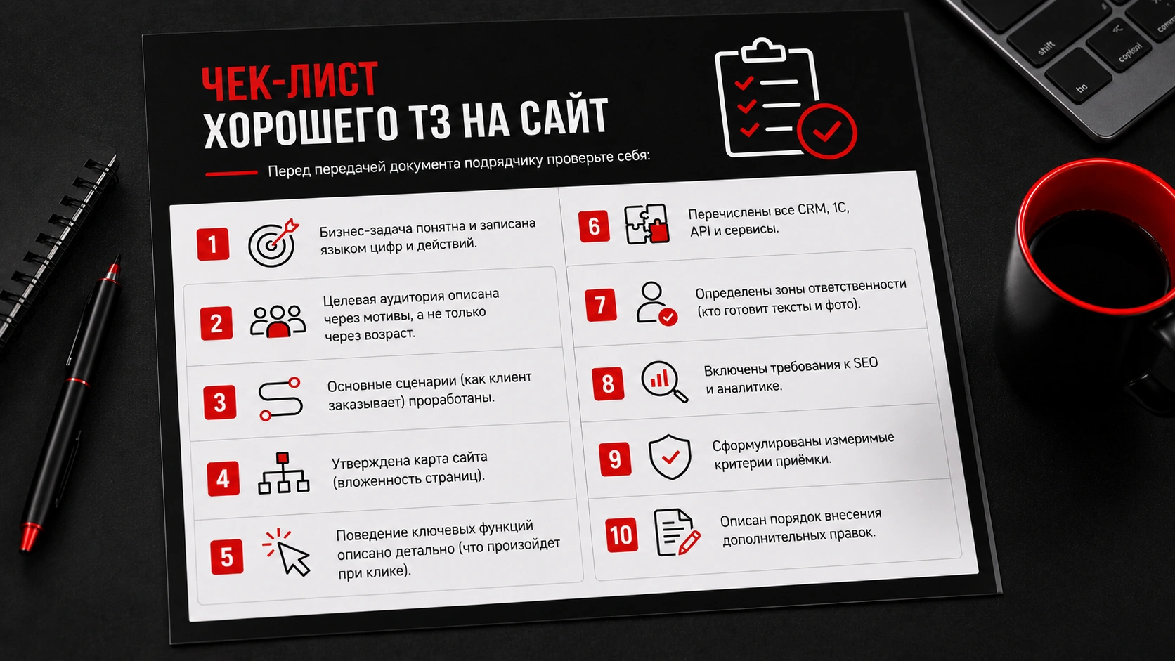 Как составить ТЗ на разработку сайта - пример и шаблон чек-листа перед передачей подрядчику Чек-лист хорошего ТЗ на разработку сайта с требованиями к структуре, функциям, SEO и интеграциям