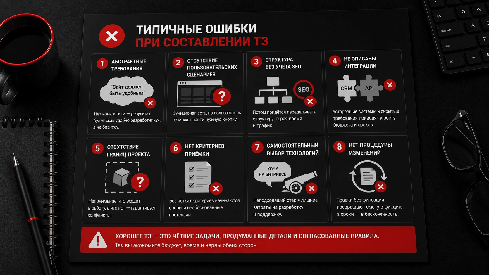 Ошибки в техническом задании на сайт - как избежать лишних правок, роста бюджета и срыва сроков Типичные ошибки при составлении ТЗ на разработку сайта - SEO, интеграции, границы проекта и критерии приемки