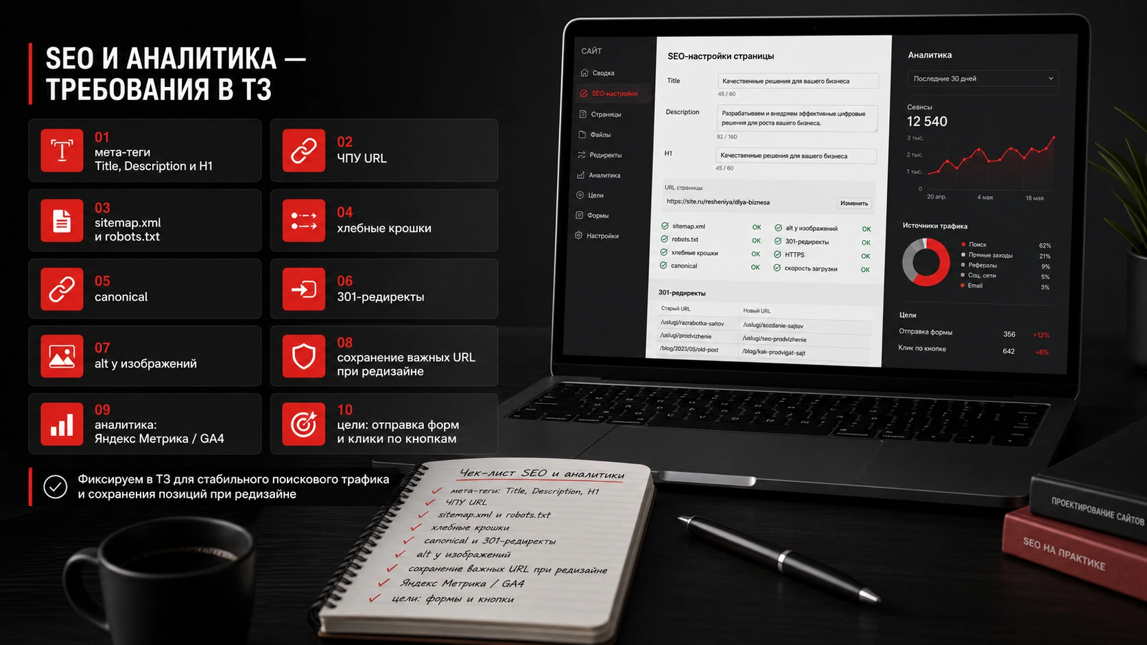 Как прописать требования к SEO и аналитике в техническом задании на сайт SEO и аналитика в ТЗ на разработку сайта - метатеги, ЧПУ, sitemap, 301-редиректы и цели