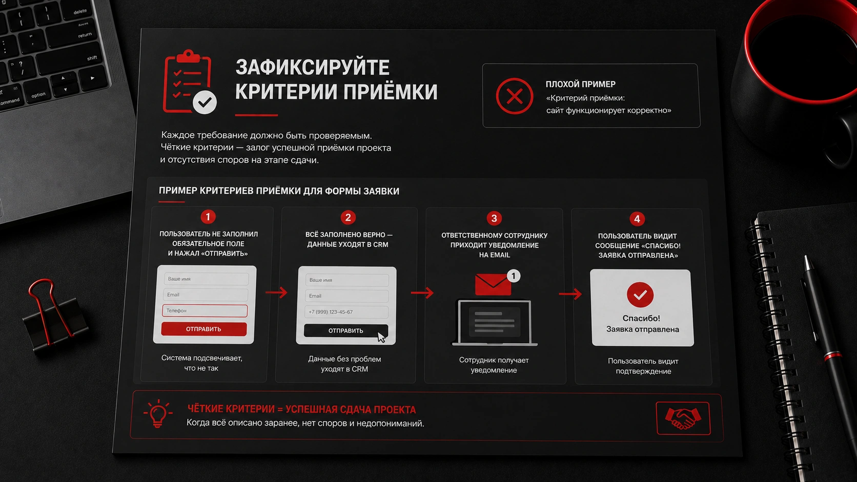 Как прописать критерии приемки сайта в техническом задании и избежать споров при сдаче проекта Критерии приемки в ТЗ на разработку сайта - проверка формы, CRM, уведомлений и успешной отправки заявки