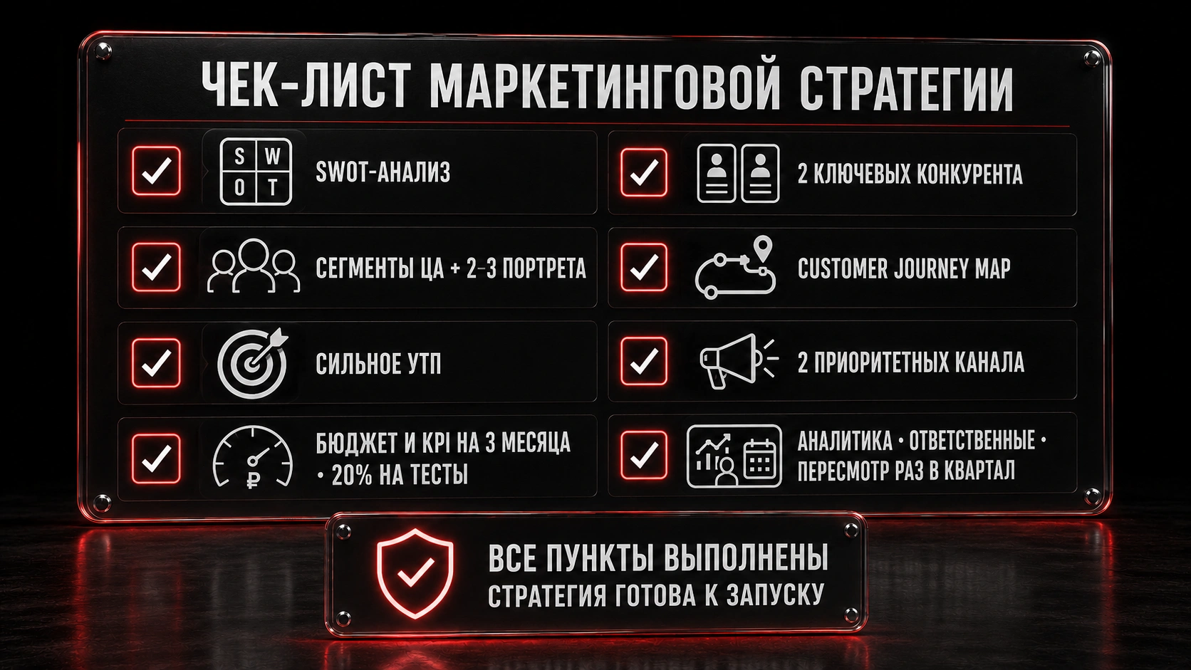 Чек-лист маркетинговой стратегии: SWOT, целевая аудитория, УТП, KPI и аналитика