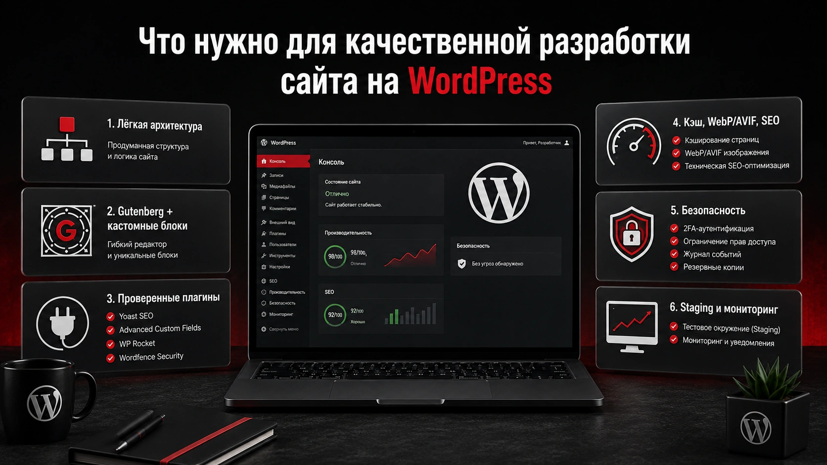 Качественная разработка сайта на WordPress с упором на скорость, безопасность и SEO Что нужно для разработки сайта на WordPress с безопасностью, кэшированием, SEO и контролем производительности