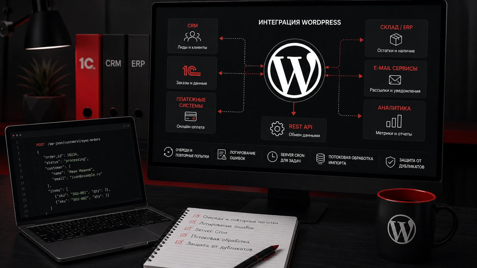 Разработка WordPress-сайта с интеграциями, синхронизацией данных и защитой от сбоев Интеграция WordPress с CRM, 1С, ERP и внешними сервисами через REST API и автоматический обмен данными