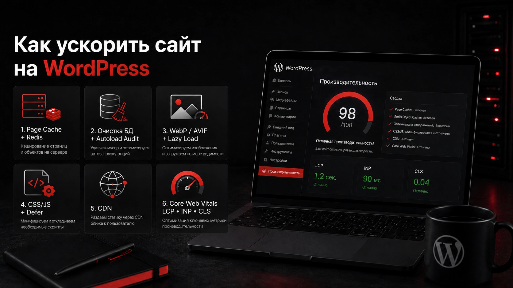 Как ускорить WordPress-сайт и улучшить производительность, SEO и скорость загрузки Ускорение сайта на WordPress с кэшированием, CDN, WebP, оптимизацией CSS и Core Web Vitals