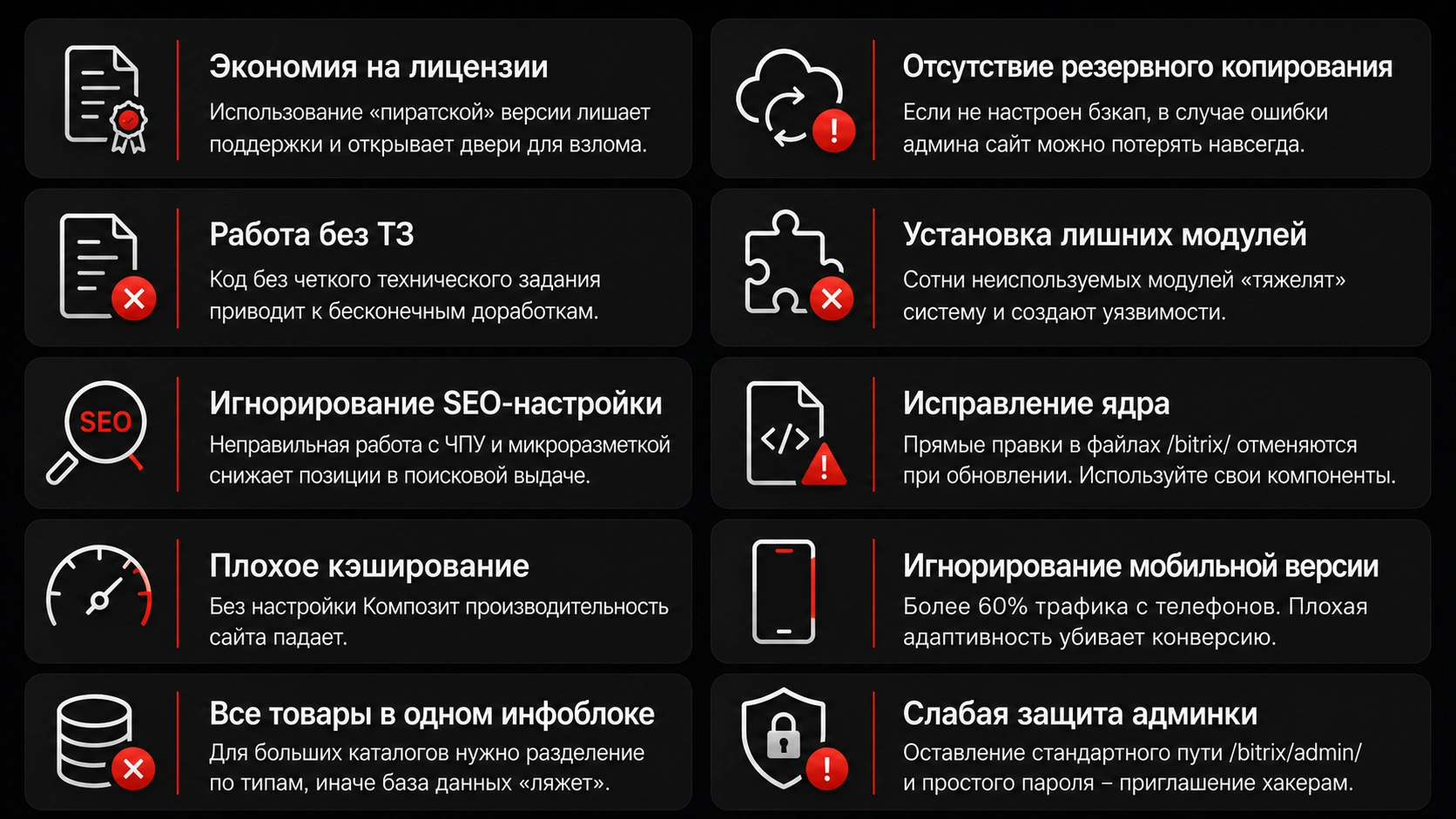 Ошибки при разработке сайта на 1С-Битрикс Типичные ошибки при разработке сайта на 1С-Битрикс, влияющие на безопасность, SEO и производительность
