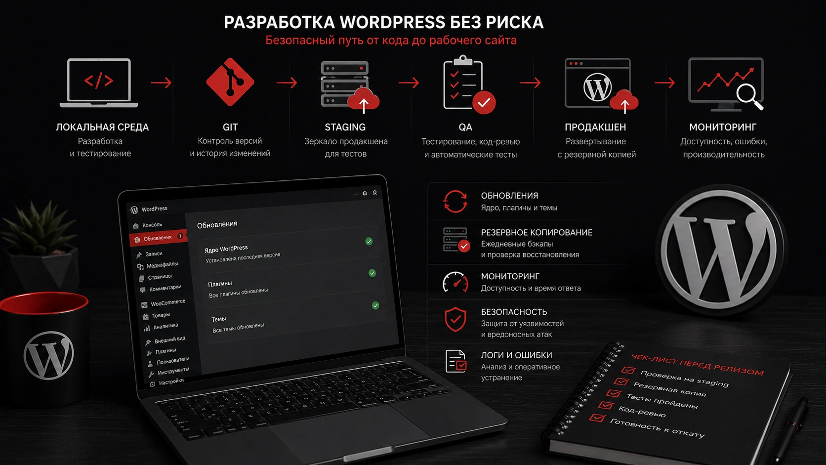 Процесс разработки WordPress-сайта без риска для продакшена и с контролем изменений Безопасная разработка WordPress через Git, staging, QA, резервные копии и мониторинг рабочего сайта