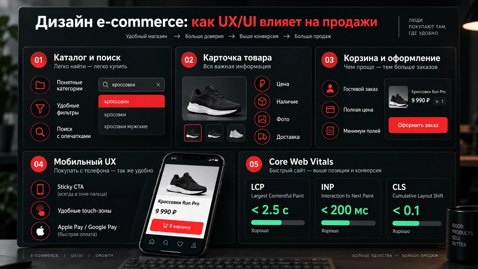  E-commerce дизайн интернет-магазина с каталогом, поиском, фильтрами и карточкой товара для роста конверсии
