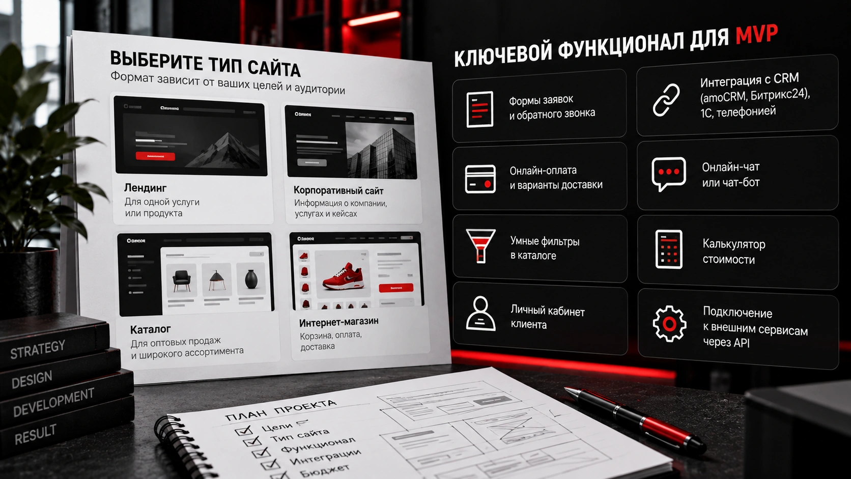 Тип сайта и функционал перед заказом сайта - лендинг, каталог, интернет-магазин, CRM, оплата и API